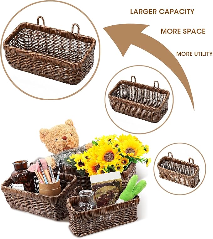 AceList Wall Hanging Basket, Boho Style Hand-Woven Hanging Storage Baskets - Set of 3, Ideal for Boho Room Decor, Kitchen, Garden, and Living Room(Brown)