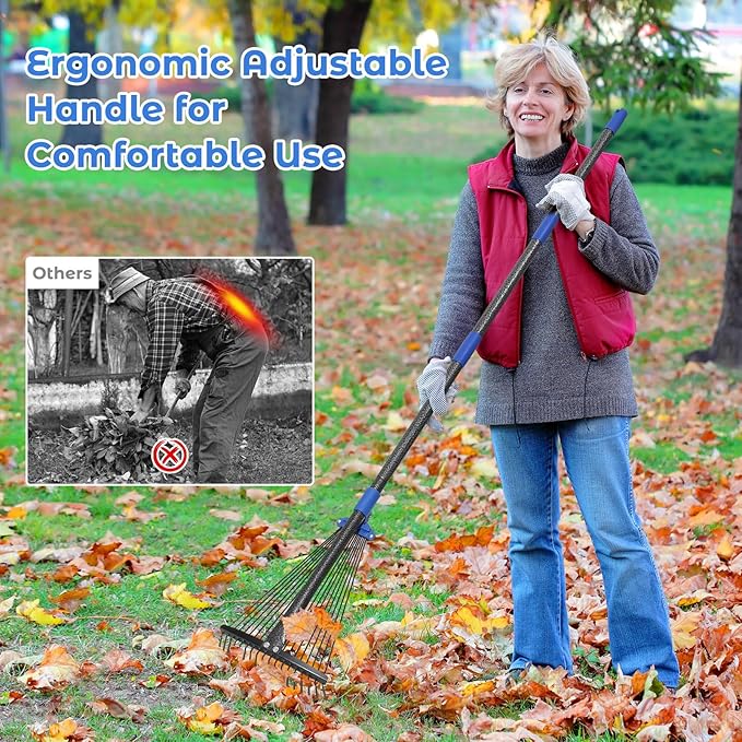 Heavy Duty Garden Leaf Rake-Adjustable Metal Rake with 8-17" Expandable Head,Yard Rakes for Leaves,Grass,Lawns,Shrubs,Flower Beds,Camping,Outdoor Cleanup,Ideal for Women & Kids