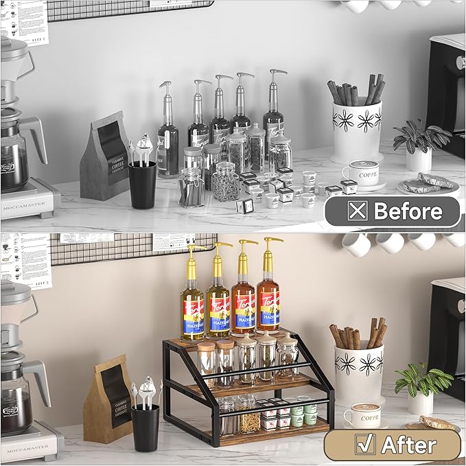 Coffee Syrup Rack Organizer, Spice Racks, Syrup Bottle Holder Stand for Coffee Bar, 3-Tier 12 Bottles Storage Shelves for Syrup, Wine, Dressing for Kitchen Countertop, Rustic Brown