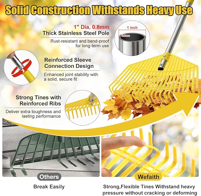 Lightweight Leaf Rake for Lawns - Durable Nylon Plastic Head,Easy Yard & Garden Rake for Women,Seniors,Kids, 16.5" Wide for Leaves, Grass,Pine Needles,Gardening,Adjustable 35–75" Long Handle
