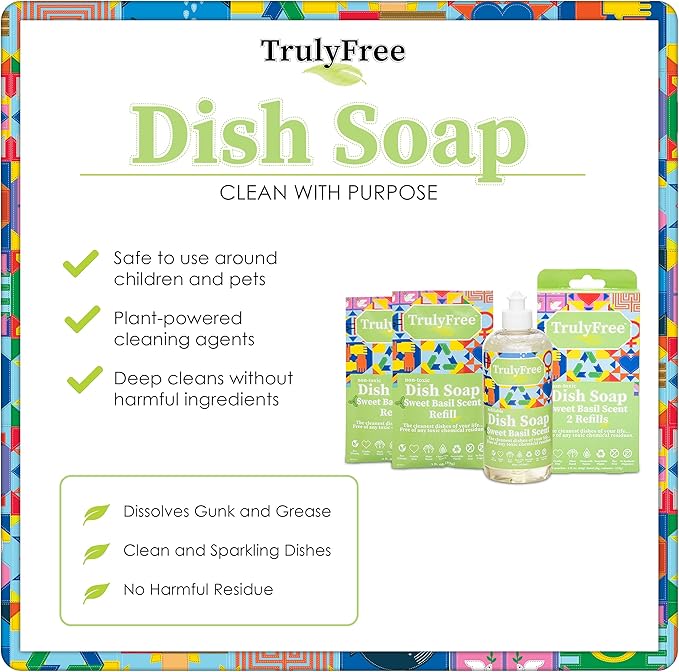 Natural Concentrated Dish Detergent Dishwashing Liquid | Plant-Based Dish Soap | Sweet Basil Fresh Scent | 2 Refill Packs with 1 Empty Refillable Squeeze Bottle (16 Oz)