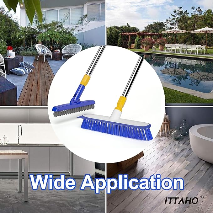 ITTAHO 12" Wide Floor Scrub and Grout Brush Set With Long Extendable Handle - Stiff Bristle Heavy Duty Cleaner for Tile, Deck, Garage, Kitchen, Bathroom