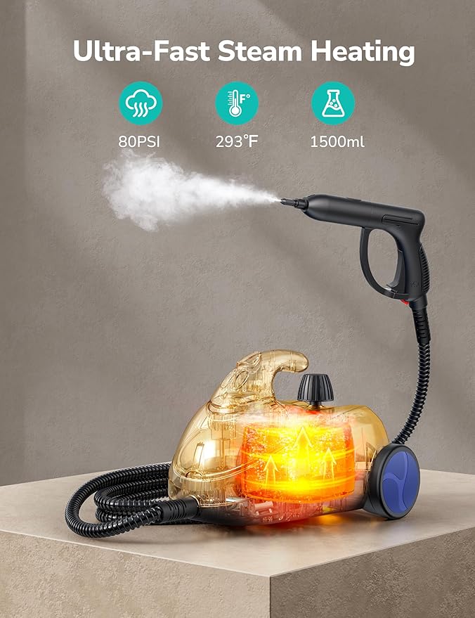 Steam Cleaner for home, 80PSI 293°F Multipurpose Heavy Duty Canister Steamer,Built-In Storage, Handheld Steam Mop for Home Car Upholstery Bed Furniture Carpet Bathroom Tile Grout Floor Cleaning, Blue
