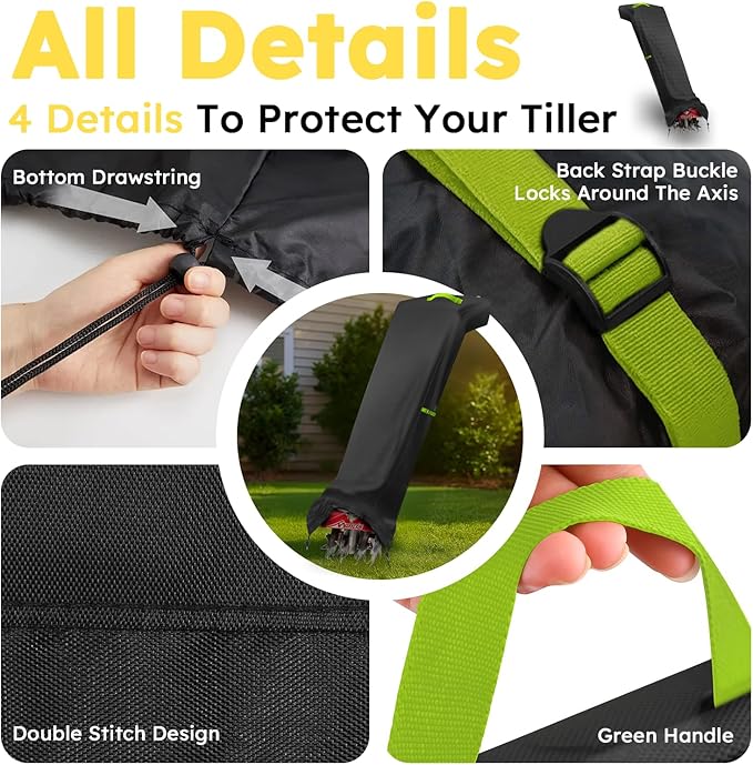 Tiller Cover, Rototiller Covers, 420D Silver-Coated Waterproof Fabric, Adjustable Drawstring Hem, Green Handle & Rear Waist Band – Fits Most Tillers (Black, Cordless Tiller Cover)
