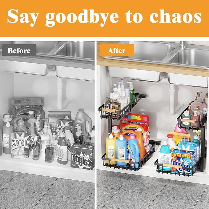 2-Tier Slide Out Under Sink Organizer – 2-Tier Pull-Out Storage Rack, Bathroom organizers and storage for Kitchen and Bathroom, Space-Saving Cabinet Organizer, Rustproof,（Black)(2 Pack)