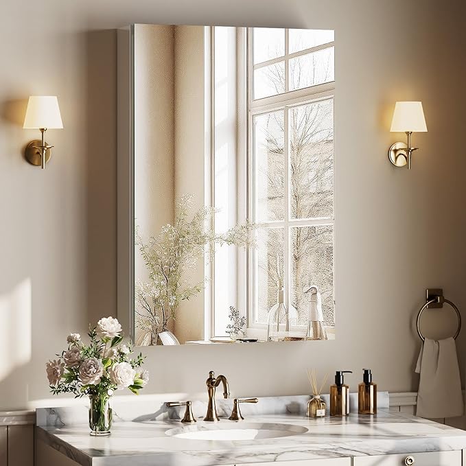 Bathroom Medicine Cabinet Mirror with Storage, 16 Inch x 24 Inch Silver Medicine Cabinet with Single Door & Adjustable Shelves for Vanity, Aluminum Surface, Wall-Mount or Recessed