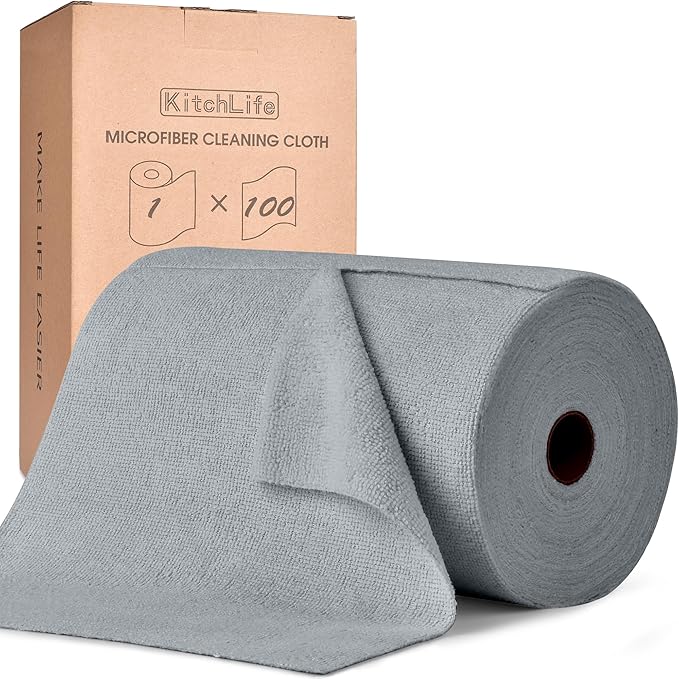 KitchLife Microfiber Cleaning Cloth Roll, 100 Pack - Tear-Away Microfiber Paper Towels, Lint-Free, Reusable, Washable for Kitchen, Car, Dishes, and Sensitive Surfaces (Grey)