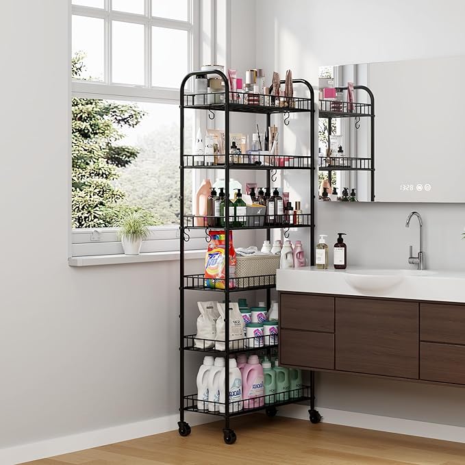 6 Tier Slim Storage Cart with Wheels, Metal Mobile Shelving Unit Organizer Utility Cart for Office Bathroom Kitchen Laundry Room Narrow Places (10inches)