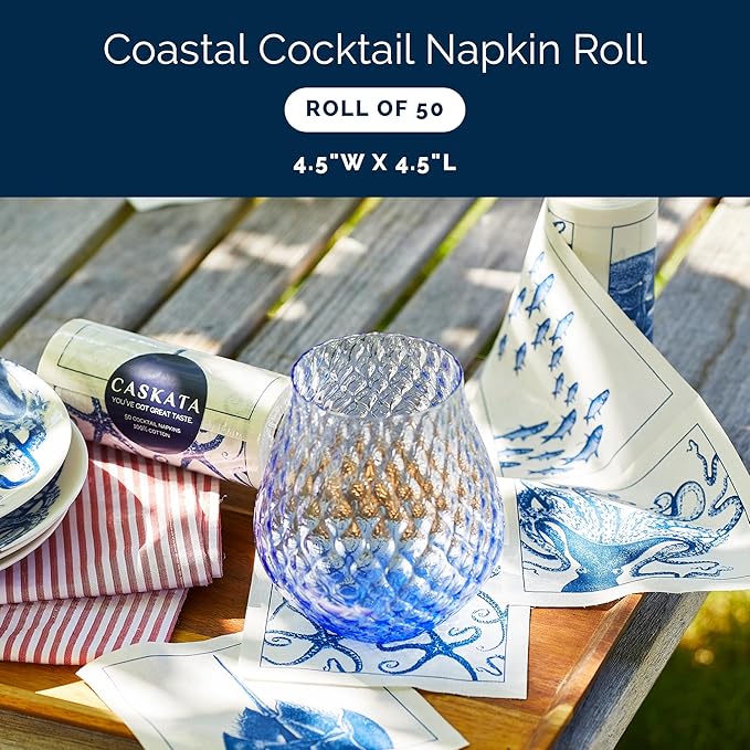 Coastal Cocktail Napkin Roll of 50 | 100% Cotton Quick Dry Reusable | Perfect for Home, Dining, Birthday, Gifts | Blue and White, 4.5W X 4.5L