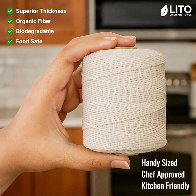 Organic Butcher’s Twine for Cooking & Trussing – 1.2mm Heavy-Duty Natural Cotton Kitchen Twine 1000 Feet – Food-Safe, Oven-Safe String for Meat, Turkey, Baking, & Crafts