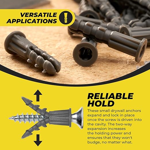 Qualihome Ribbed Plastic Drywall Anchors - Wall Anchors for Drywall - Plastic Screw Anchors for Secure Fastening (Bulk Pack, #6-8 x 7/8")