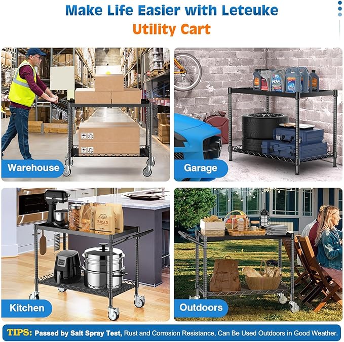 Leteuke 2 Tier Utility Cart with Wheels, NSF Certified 900LBS Capacity Heavy Duty Rolling Utility Carts with Handle Bar, Commercial Grade Metal Serving Storage Cart for Warehouse Garage Kitchen, Black