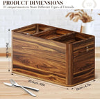 Yirilan Wooden Kitchen Utensil Holder for Counter, Acacia Wood Utensil Holder for Storage Cooking and Silverware with 3 Compartment, Rustic Wooden Organizer Container