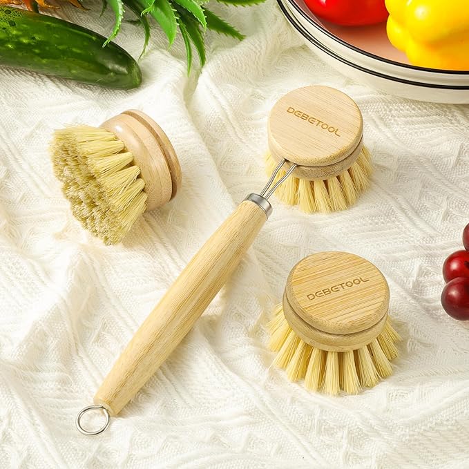 Bamboo Pot Dish Brush,3 Pack Natural Wooden Scrub Brush with Sisal Fiber,Suitable for Dishes,Pans,Pot and Other Utensils-Sustainable,Kitchen Cleaning Brush with 2 Replacement Brush Heads