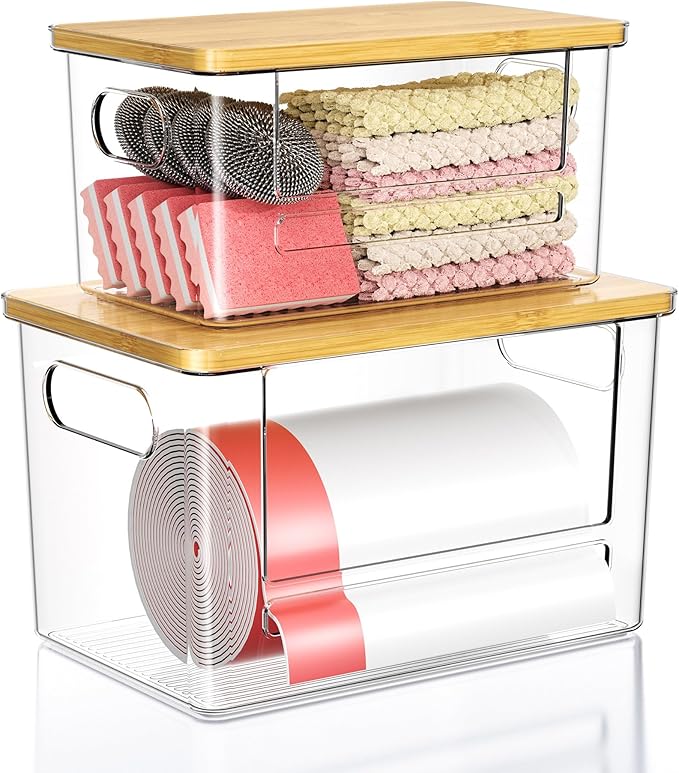 Trash Bag Dispenser 2 Pack (XL+S) - Acrylic Garbage Bags Dispenser with Bamboo Top, Trash Bag Holder Under Sink for Pantry, Kitchen, Laundry Room, Cabinet