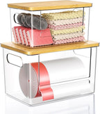 Trash Bag Dispenser 2 Pack (XL+S) - Acrylic Garbage Bags Dispenser with Bamboo Top, Trash Bag Holder Under Sink for Pantry, Kitchen, Laundry Room, Cabinet