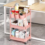 MOYIPIN 3-Tier Plastic Rolling Utility Cart with Handle,Utility Storage Cart for Office, Living Room, Kitchen,Movable Storage Organizer Shelves,Pink with 5 Hanging Cups