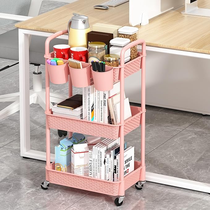 MOYIPIN 3-Tier Plastic Rolling Utility Cart with Handle,Utility Storage Cart for Office, Living Room, Kitchen,Movable Storage Organizer Shelves,Pink with 5 Hanging Cups