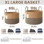 JMvicyroam 65L Extra Large Blanket Basket for Living Room - Woven Cotton Rope Laundry Hamper with Reinforced Handles - Storage Bin for Pillows, Comforters & Toys - Machine Washable,Jute&Black