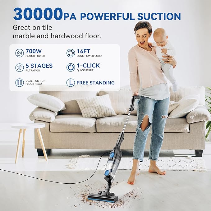 Vazone R6X Corded Stick Vacuum Cleaners for Home, 30000pa Powerful Suction Stick Vacuum with 16Ft Cord, 2 in 1 Lightweight Vacuum Cleaner for Hard Floor Pet Hair (Blue)