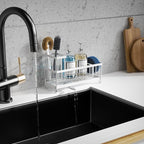 Moforoco Extra Large Kitchen Sink Caddy, Rustproof Sponge Holder with High Brush Holder, Stainless Steel White Kitchen Caddy Sink Countertop Organizer, Sponge Caddy for Kitchen Sink