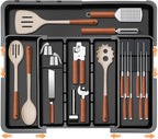 Large Utensil Drawer Organizer for Kitchen, Expandable Silverware Organizer Utensil Holder, Cutlery and Flatware Cooking Tray, Kitchen Drawer Organizers and Storage with Removable Knife Block, Black
