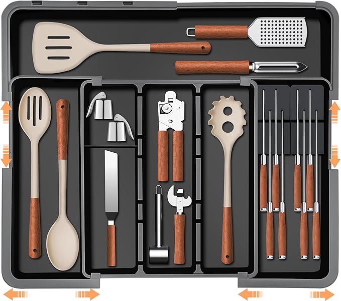 Large Utensil Drawer Organizer for Kitchen, Expandable Silverware Organizer Utensil Holder, Cutlery and Flatware Cooking Tray, Kitchen Drawer Organizers and Storage with Removable Knife Block, Black