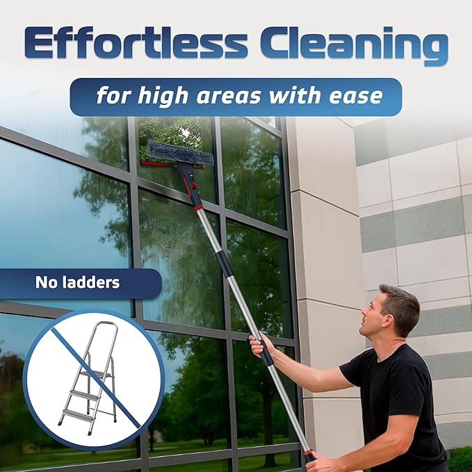 DSV Standard Window Squeegee with 2 Spray Triggers, Window Cleaning Kit with Extendable Pole 23’’- 76.7’’, Rubber Scraper and 3X Microfiber Clothes for 2 Story Houses, Shower, Glass, Mirror