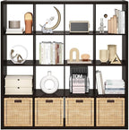 Furinno Cubicle Open Back Decorative Cube Storage Organizer, 16-Cube, Black Dark Oak