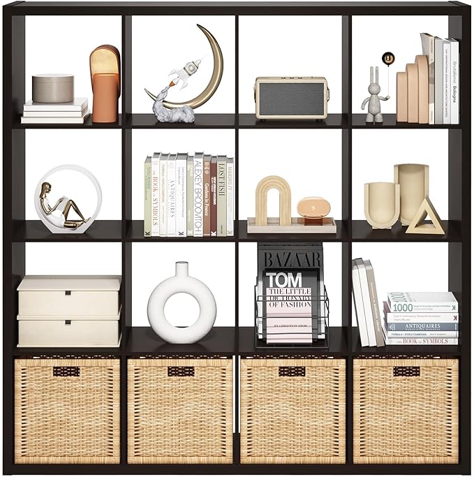 Furinno Cubicle Open Back Decorative Cube Storage Organizer, 16-Cube, Black Dark Oak