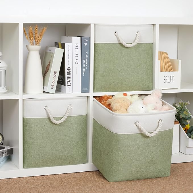 Bidtakay Cubby Storage Bins Set of 3 Fabric Baskets for Shelves Closet Drawer Organizer Storage Cubes 13x13 Collapsible Organization Baskets for Nursery Toy Shelf (White&green)
