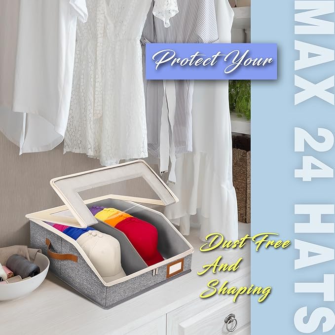 2-in-1 Hat Organizer for Baseball Caps Holds 48-60 Hats Holder for Closet with Clear lid Stackable Hat Storage with Adjustable Space Cowboy Hat Box for Men Women 2 PCS White and Grey