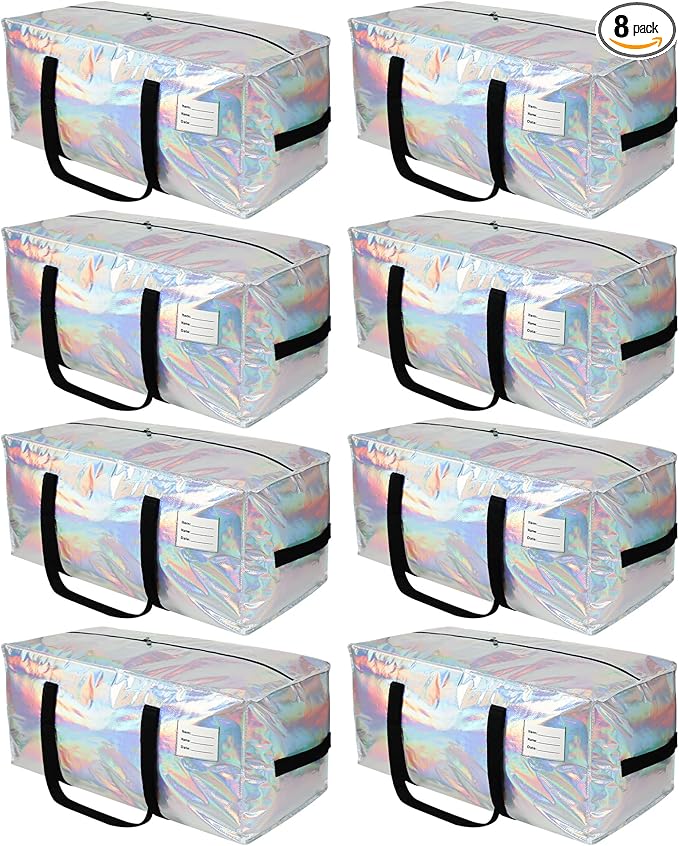 JCBZAMZ 8 Pack Heavy Duty Moving Bags 24-Gallon Extra Large Waterproof Foldable Clothing Storage Totes Bags with Zipper,Reinforced Handles,Packing Moving Boxes for Dorm & Seasonal Storage,Iridescent
