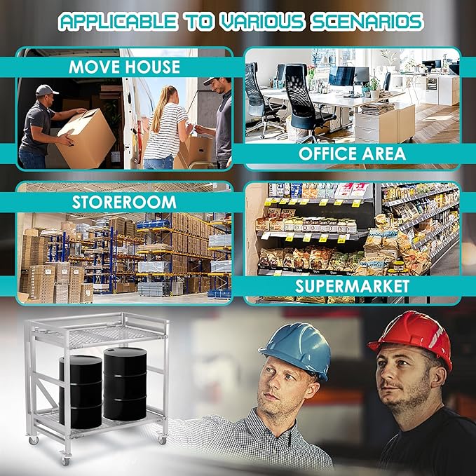 2 Shelf Rolling Cart with Wheels, 660lbs Capacity Collapsible Steel Rolling Utility Cart, Heavy-Duty Foldable Hand Truck, Metal Storage Carts with Handle for Groceries, Warehouse (36" Lx26 W)