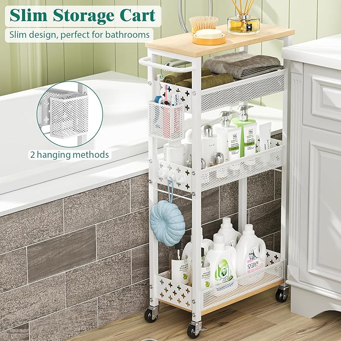 Slim Storage Cart 4 Tier Laundry Cart with Wheels, Narrow Metal Kitchen Rolling Carts Bathroom Organizers Storage Shelf with Wood Rack and Handle for Small Space