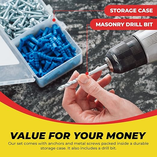 Qualihome Ribbed Plastic Drywall Anchor Kit - Wall Anchors and Screws for Drywall Includes Anchors, & Screws, 1 Masonry Drill Bit - Mounting Tolls for Decor, Furniture, Shelving (10-12 x 1)