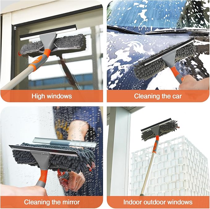 Eazer Window Squeegee Cleaner - 2 in 1 Window Cleaning Tool Kit, 62inch Extension Pole Washer Equipment for Car Indoor Outdoor Window Glass