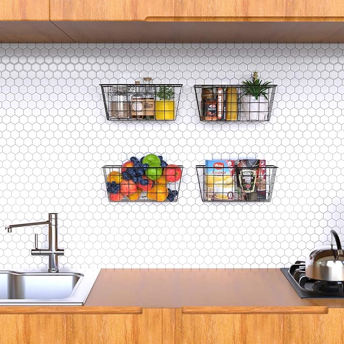 MaraFansie Over the Cabinet Door Organizer Wall Wire Baskets Hanging Kitchen Basket Shelf for Cabinet & Pantry Organization and Kitchen, Bathroom, Bedroom Storage, with Adhesive, 4 Pack