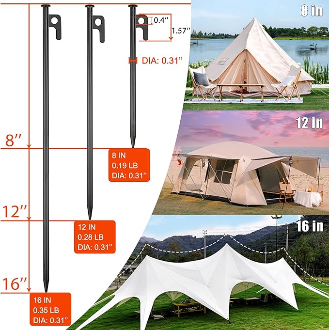 4 Pack Tent Stakes Heavy Duty Metal Tent Pegs for Camping Steel Tent Stakes 12 inch Unbreakable and Inflexible