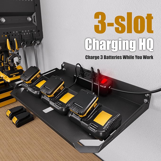 Power Tool Organizer Wall Mount with 4 Power Outlets & Charging Station &420lbs Capacity, Tool Battery storage, Metal Heavy Duty Wall Mounted Drill Holder for Garage Workshop, Men Gifts
