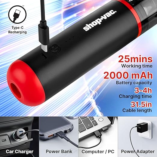 Shop-Vac 2-in-1 Car Vacuum & Air Duster, 14000Pa Blow/Suction Portable Cordless Vacuum, Mini Car Vac, Handheld & Lightweight with 6 Nozzles, Type-C Rechargeable for Auto/Home/Office