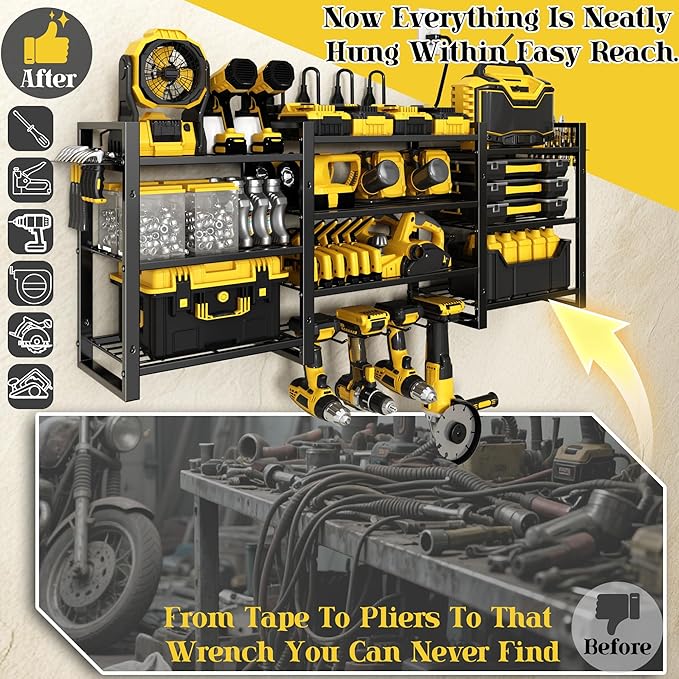 Power Tool Organizer Wall Mount With Charging Station,Upgraded Tool Shelf Load 400 Lbs,10-Tiers With 4 Cordless Drill Rack And 6FT Power Strip,Battery Utility Shelve For Garage Workshop