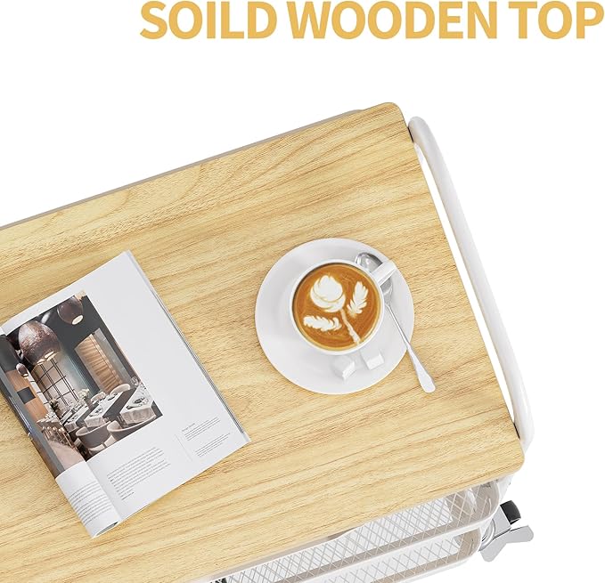 TOOLF 3-Tier Metal Utility Rolling Cart with Drawer and Wooden Table Top, Storage Cart White Trolley Kitchen Organizer Rolling Desk with Locking Wheels for Office, Classroom, Home, Bedroom