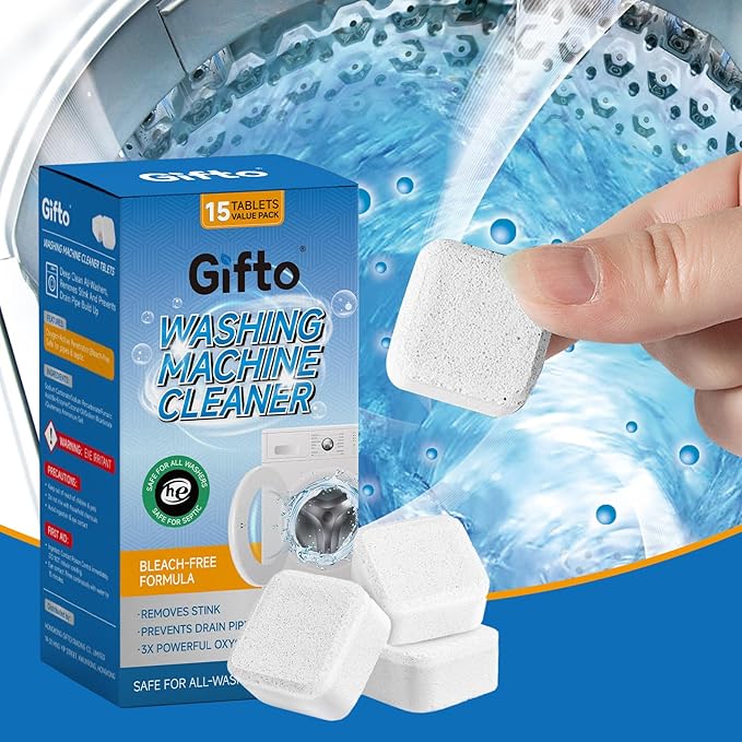 Gifto Washing Machine Cleaning Tablets, Individually Wrapped 15 Count, Fresh Scent Washer Cleaner Tablet for Front Loader & Top Load, Removes Odor-causing Residues & Hard Water Buildup, Septic Safe