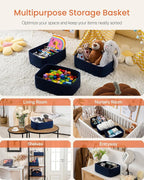 Small Woven Basket, 13.5 x 9.5 x 5 Inches, Storage Basket for Organizing, Cute Small Rope Shelf Closet Cube Storage Bins Baskets for Shelves, Dog Toy Gift Baskets Empty, 3 Packs, Navy Blue