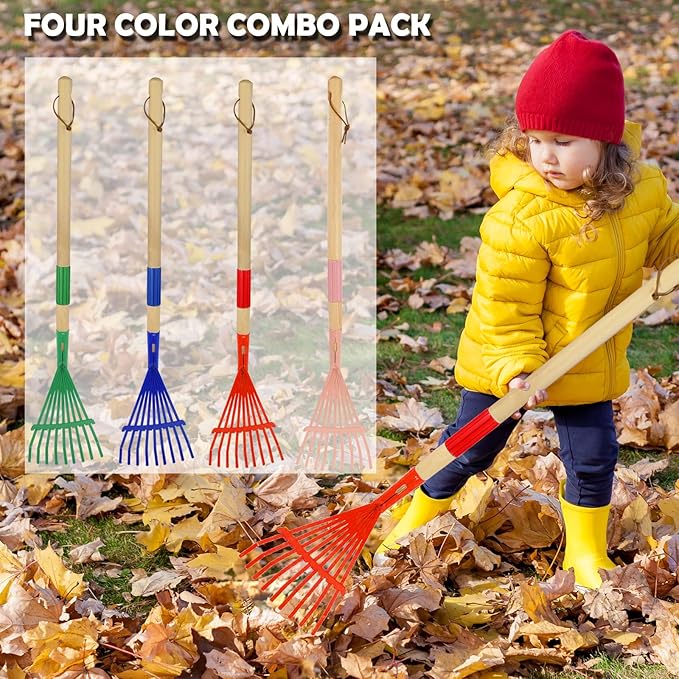 Kids Leaf Rake -Small Wooden Handle Leaf Rake with Metal Tines, 27inches /69cm Length, for Kids Enjoy Garden Cleaning Activities, 4 Pack