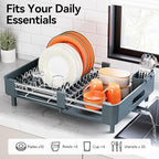 Urackify Stainless Steel Dish Drying Rack - Dish Drainer for Kitchen Counter, Extendable Drainboard with Foldable, Space-Saving Cup & Bowl Organizer, Includes Knife and Utensil Holder, Matte-Green
