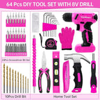 8V Pink Cordless Drill Set, 64 Pcs Pink Power Drill Tool Kit for Women, 3/8"Keyless Chuck Electric Screwdriver Driver Kit for Home DIY and Repair, USB Charger and Storage Box Included