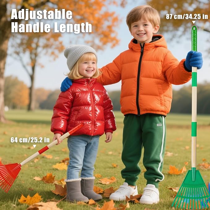 2 PCS Adjustable Kids Leaves Rakes (Green & Red, 25.2 in to 34.25 in) with 2 Pairs Gloves & 2 Orange Storage Bags, Lawn Rakes with Wooden Handle, Kids Garden Tools Set for Boys and Girls