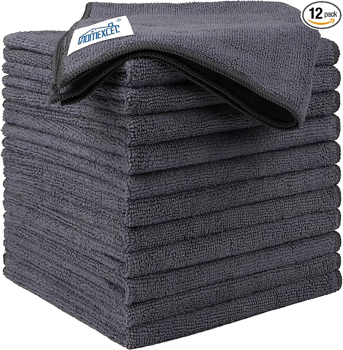 HOMEXCEL Microfiber Ultra Absorbent Cleaning Cloth, Lint Free, Streak Free Cleaning Rag Towels for Washing Cars, Kitchen and Window, 12.5 x 12.5 inches, Grey, 12 Pack